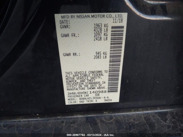 Nissan Altima 2.5 Sv 2019 1N4BL4DV0KC140988 Image 9