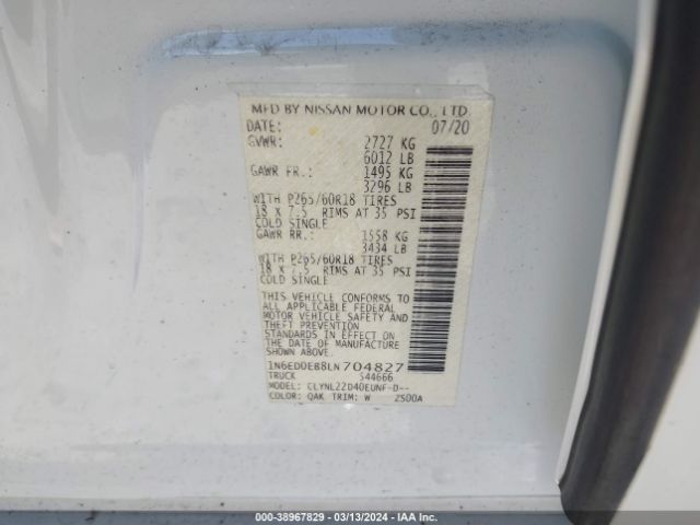 1N6ED0EB8LN704827 Nissan Frontier Sv 4x4