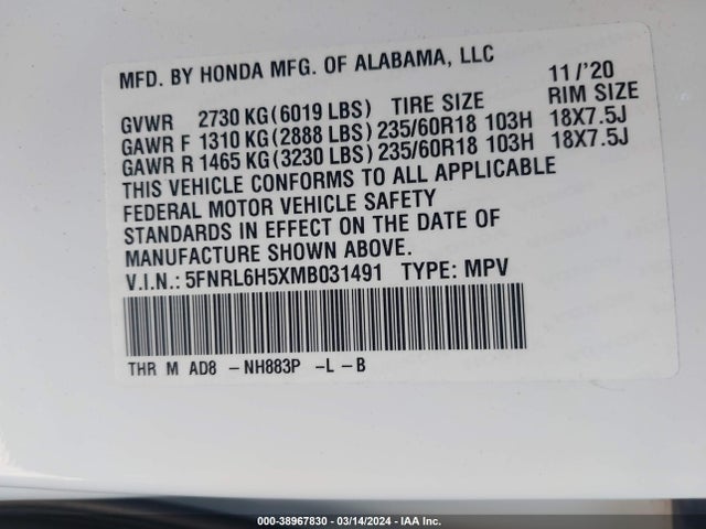 Honda ODYSSEY EX 2021 5FNRL6H5XMB031491 Image 9