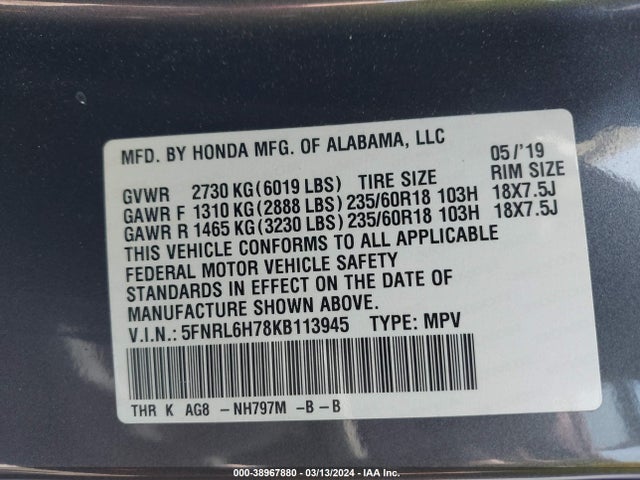 Honda Odyssey Ex-l 2019 5FNRL6H78KB113945 Image 9