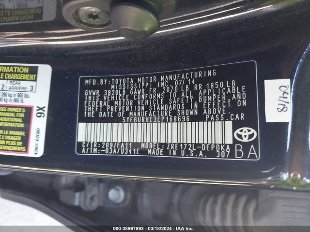 Toyota COROLLA L 2014 5YFBURHE3EP168696 Image 9