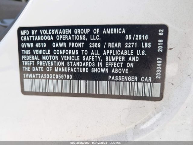 1VWAT7A33GC059790 Volkswagen Passat 1.8t S
