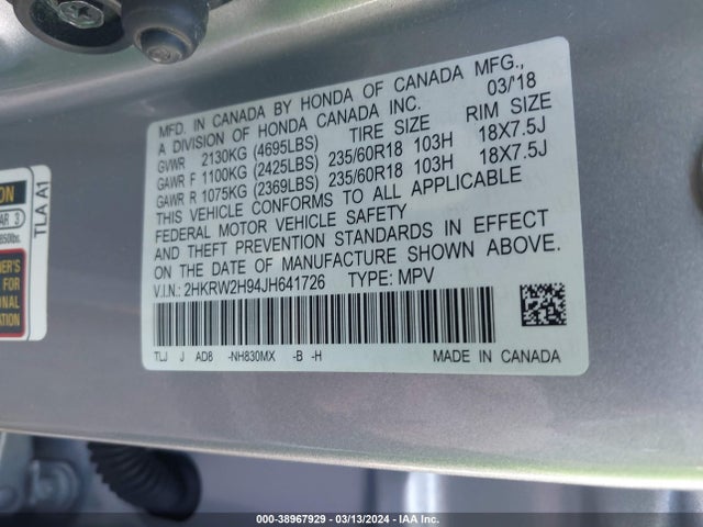 Honda Cr-v Touring 2018 2HKRW2H94JH641726 Image 9