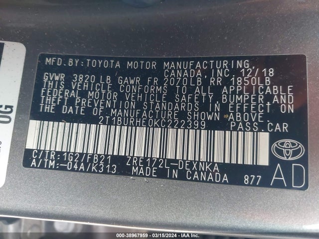 Toyota COROLLA LE 2019 2T1BURHE0KC222399 Image 9