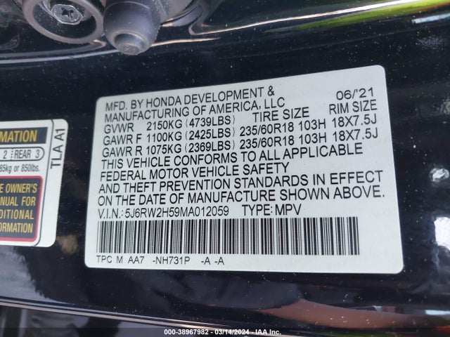 Honda Cr-v Awd Ex 2021 5J6RW2H59MA012059 Image 9