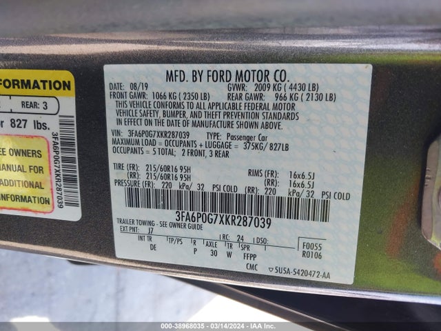Ford FUSION S 2019 3FA6P0G7XKR287039 Image 9