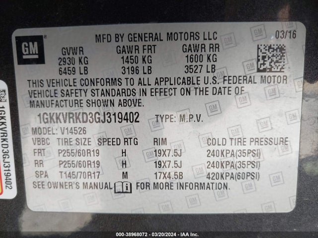 GMC Acadia Slt-1 2016 1GKKVRKD3GJ319402 Image 9
