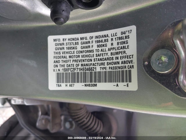 Honda CIVIC EX 2017 19XFC2F71HE046621 Image 9