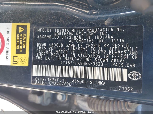 Toyota CAMRY LE 2016 4T4BF1FK8GR570533 Image 9