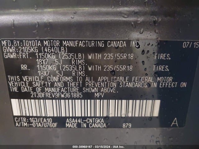 Toyota Rav4 Limited 2015 2T3DFREV9FW361885 Image 9