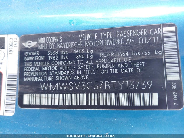 2011 MINI COOPER S WMWSV3C57BTY13739 Photo 8