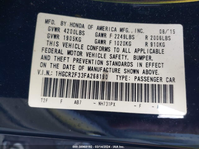 Honda ACCORD LX 2015 1HGCR2F33FA268190 Image 9