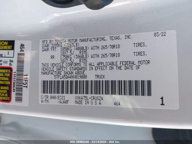 Toyota Tundra Sr5 2022 5TFLA5DA4NX019000 Image 9