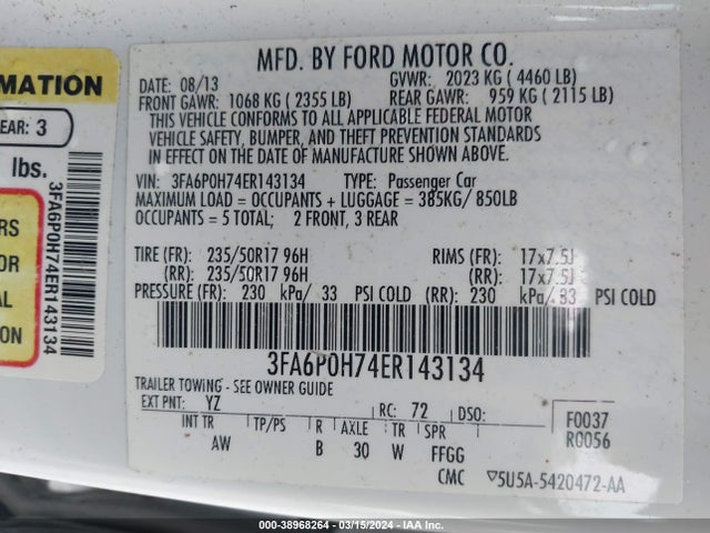 Ford FUSION SE 2014 3FA6P0H74ER143134 Image 9