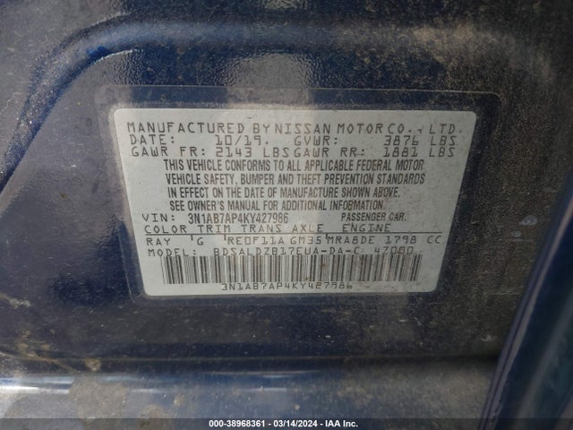 Nissan SENTRA SV 2019 3N1AB7AP4KY427986 Image 9