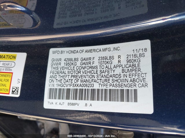 Honda Accord Ex-l 2019 1HGCV1F5XKA006233 Image 9
