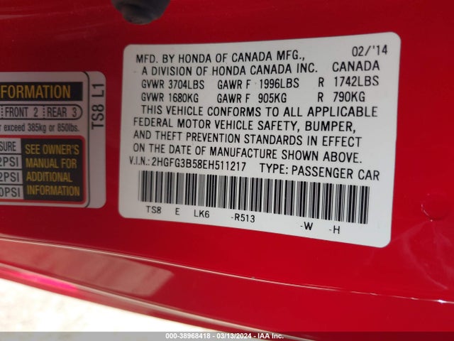 Honda Civic Lx 2014 2HGFG3B58EH511217 Image 9