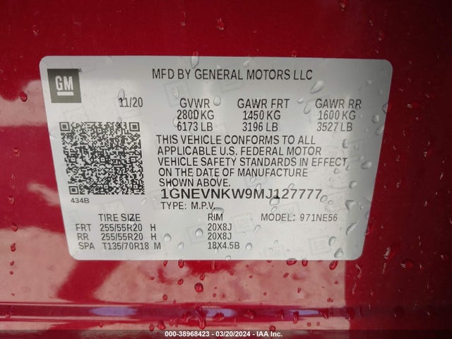 1GNEVNKW9MJ127777 Chevrolet Traverse Awd High Country