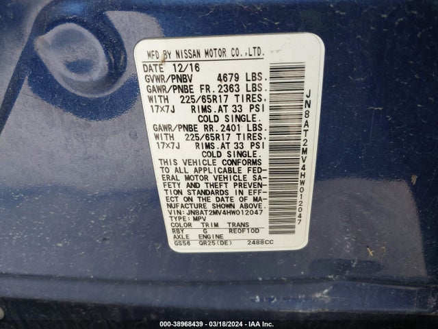 Nissan ROGUE SV 2017 JN8AT2MV4HW012047 Image 9