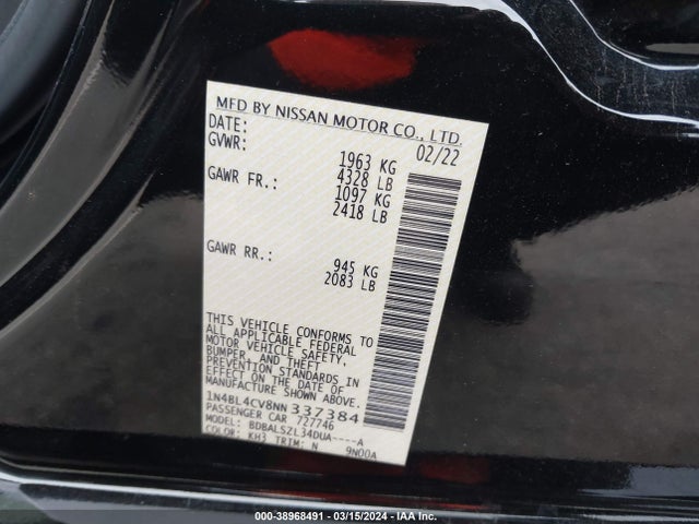 38968491 :رقم المزاد ، 1N4BL4CV8NN337384 vin ، 2022 Nissan Altima Sr Fwd مزاد بيع