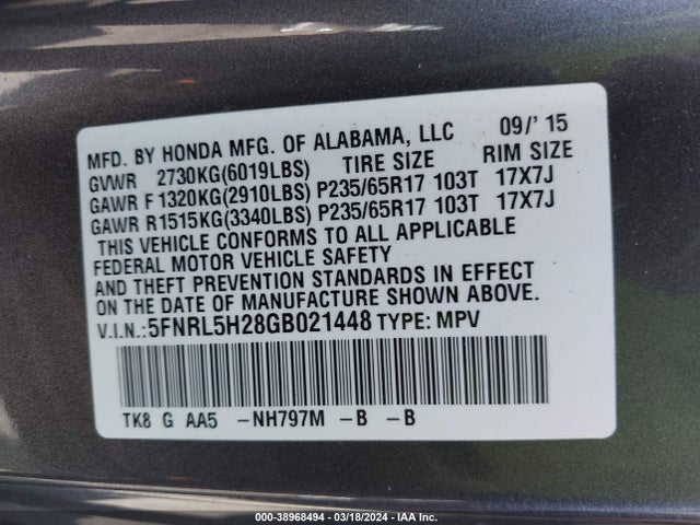 Honda ODYSSEY LX 2016 5FNRL5H28GB021448 Image 9
