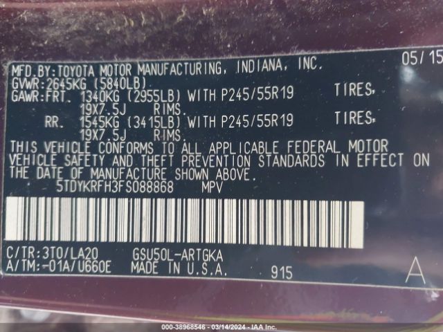 5TDYKRFH3FS088868 Toyota 2gr-fe