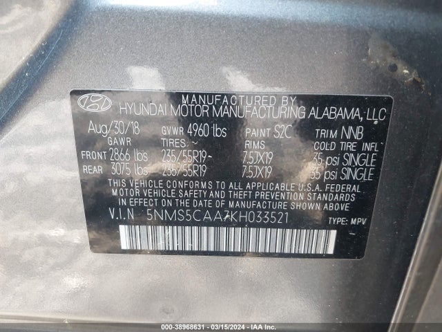 Hyundai Santa Fe Limited 2.0t 2019 5NMS5CAA7KH033521 Image 9