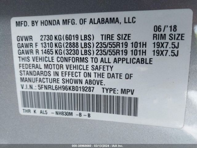 5FNRL6H96KB019287 Honda Odyssey Elite