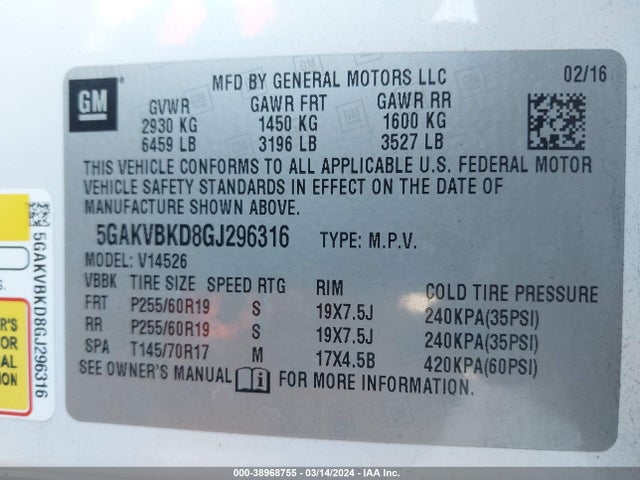 5GAKVBKD8GJ296316 Buick Enclave Leather
