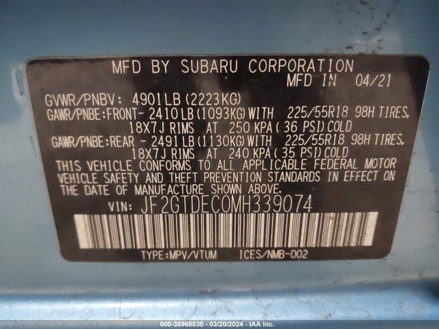 Subaru CROSSTREK HYBRID 2021 JF2GTDEC0MH339074 Image 9