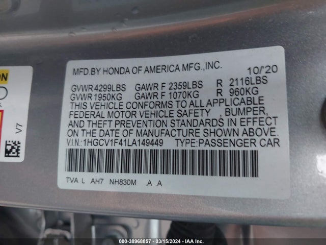 Honda ACCORD EX 2020 1HGCV1F41LA149449 Image 9