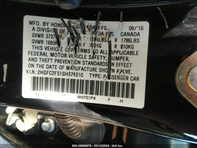 Honda Civic Lx 2016 2HGFC2F51GH574310 Image 9