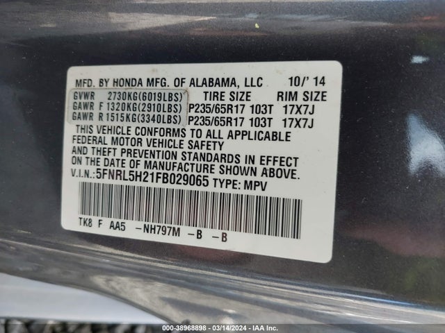 Honda ODYSSEY LX 2015 5FNRL5H21FB029065 Image 9