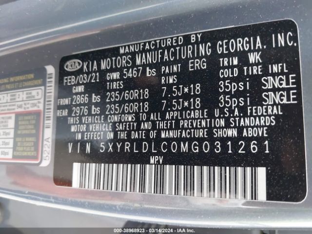 5XYRLDLC0MG031261 KIA SORENTO S