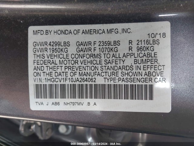 Honda ACCORD LX 2018 1HGCV1F10JA264062 Image 9