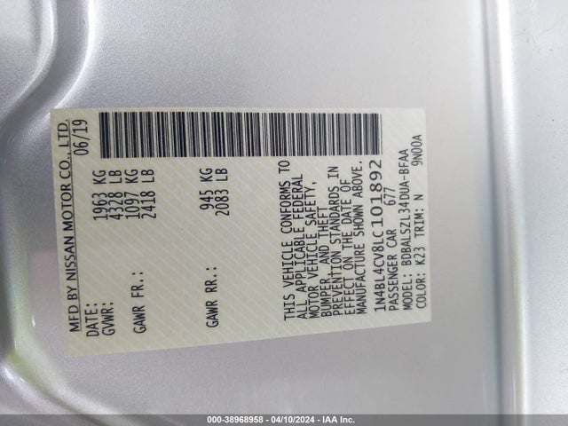 Nissan Altima Sr Fwd 2020 1N4BL4CV8LC101892 Image 9