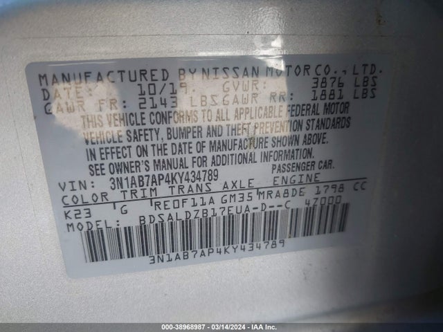 Nissan SENTRA SV 2019 3N1AB7AP4KY434789 Image 9