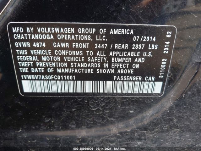 1VWBV7A30FC011001 Volkswagen Passat 2.0l Tdi Se