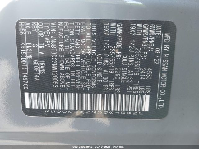JN8BT3DC7NW120053 Nissan Rogue Platinum Fwd