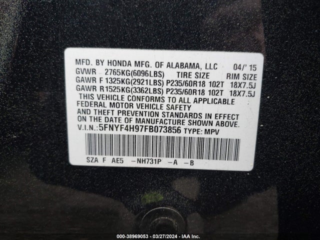 Honda Pilot Touring 2015 5FNYF4H97FB073856 Image 9
