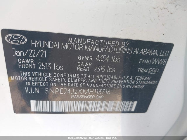 Продажа на аукционе авто 2021 Hyundai Sonata Sel Plus, vin: 5NPEJ4J2XMH113716, номер лота: 38969203