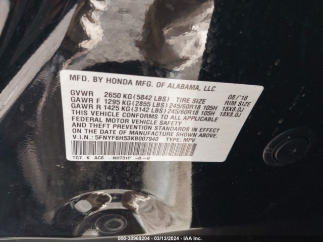 5FNYF6H53KB007940 Honda Pilot Ex-l