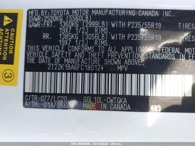 2T2ZK1BA6FC180124 Lexus RX 350