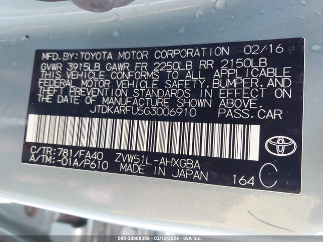 Toyota Prius Three 2016 JTDKARFU5G3006910 Image 9