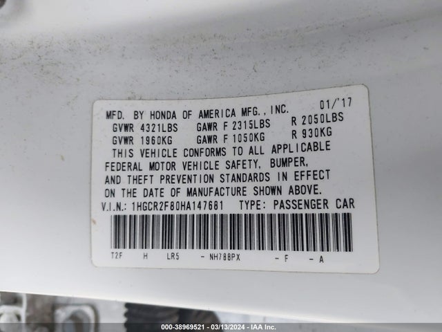 Honda Accord Ex-l 2017 1HGCR2F80HA147681 Image 9