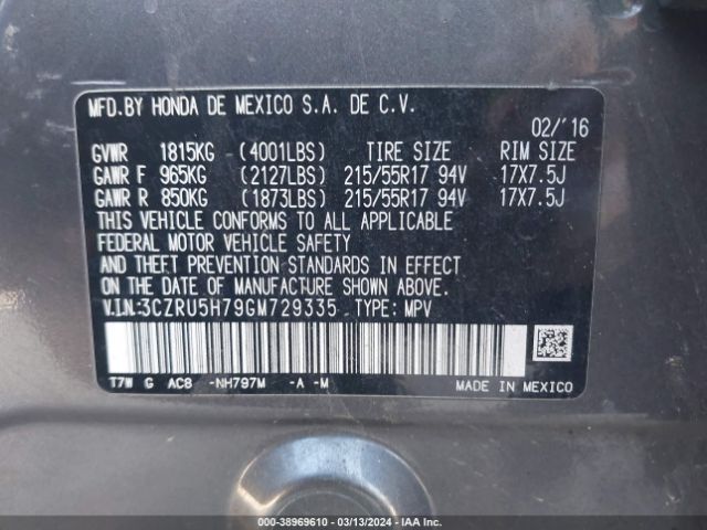 3CZRU5H79GM729335 Honda Hr-v Ex-l