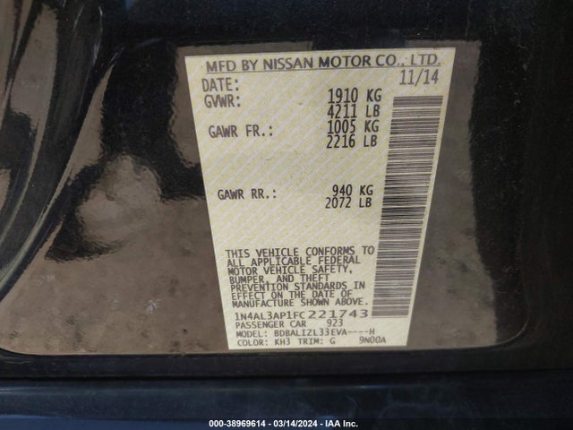 Nissan Altima 2.5 Sv 2015 1N4AL3AP1FC221743 Image 9
