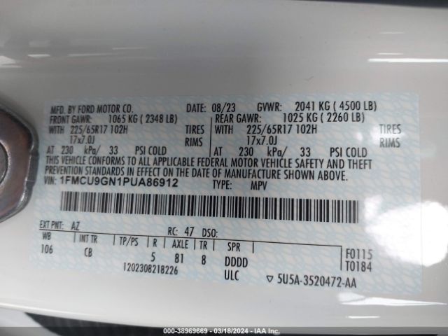 1FMCU9GN1PUA86912 Ford Escape Active