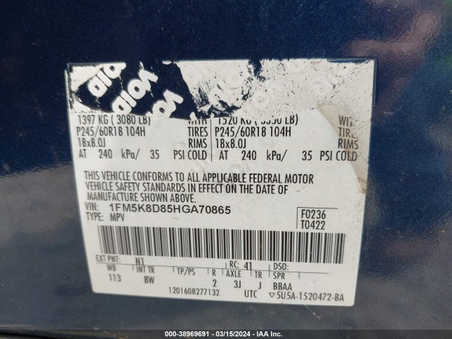Ford EXPLORER XLT 2017 1FM5K8D85HGA70865 Image 9