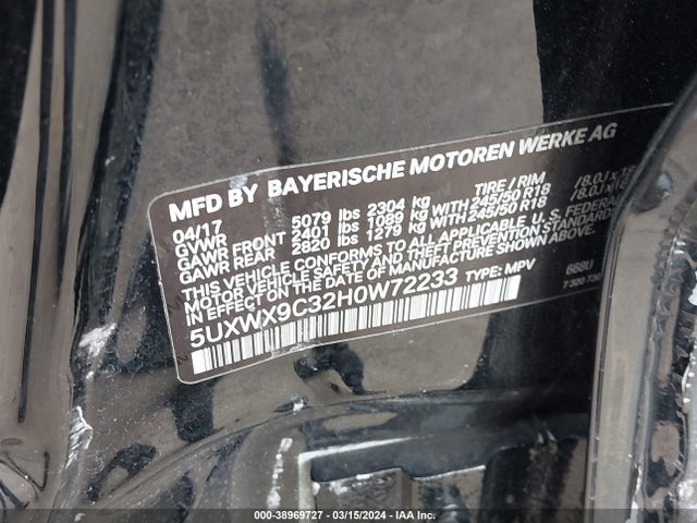 BMW X3 Xdrive28i 2017 5UXWX9C32H0W72233 Image 9